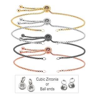 Adjustable Chain Bracelet Slider Half finished Box Chain Bracelets Rose 18K Gold Platinum Gunmetal . CZ Cubic Zirconia Ball End