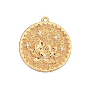 LOTUS Flower Charm 18K Gold Filled 17.5mm Textured Round CZ Medallion Coin Pendant Clear Micro Pave Cubic Zirconia Rhinestones Charms . 060