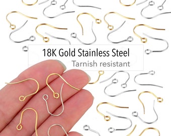 20 Pcs 18K Gold Plated STAINLESS Steel HOOK Ear Wire Earring Findings . 18mm 21 Gauge with Openable Loop . Tarnish Resistant 304 Stainless