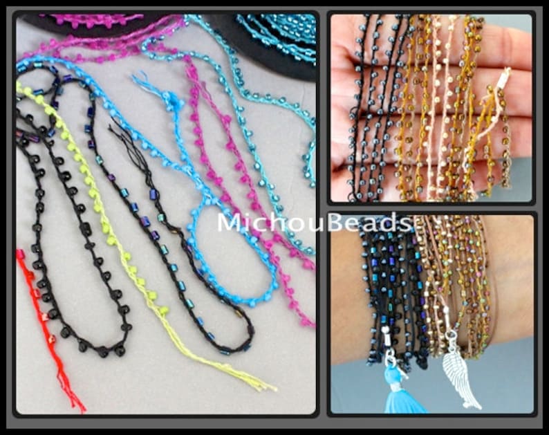 # 17 Peru AB 1 YARD SEED Bead Cord 2mm Bugle Tiny Glass Seed beads weaved on Polyester Thread Beaded Cord for Wrap Bracelet Jewelry