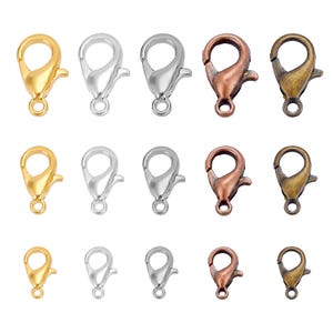 LOBSTER Claw Clasps . 10mm 12mm 14mm . Gold Silver Gunmetal Antique Bronze Copper Alloy Parrot Trigger Standard Clasp . Lead and Nickel Safe