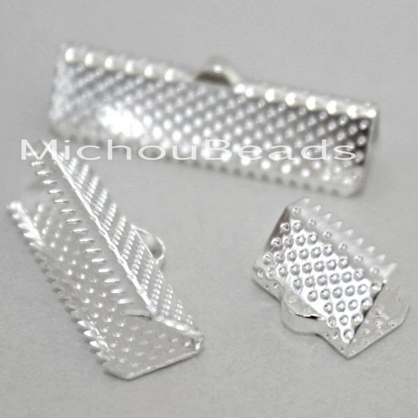 26 SILVER 20mm Ribbon Cord CRIMP End Clamps - Rectangle 20x6mm Textured Press Pinch Bail Crimp for Cord n Leather - USA Wholesale - 5798