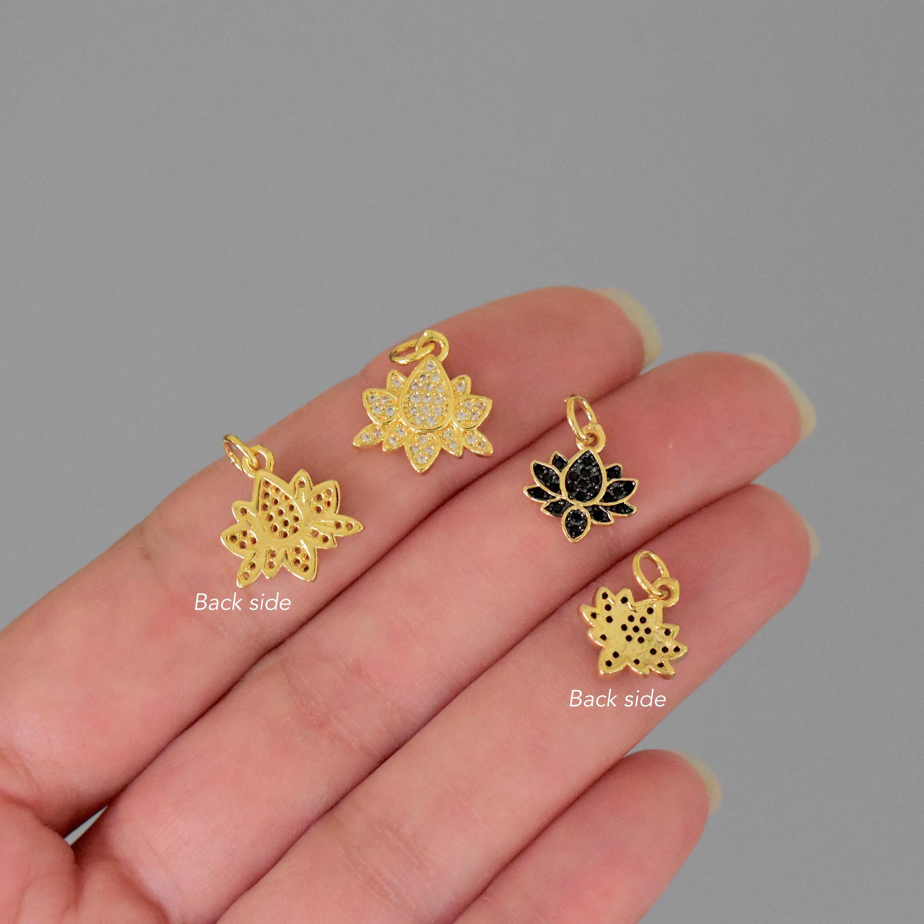 K18Flowerチャーム LOTUS Flower Charm 18K Gold Filled Clear or Black Micro Pave