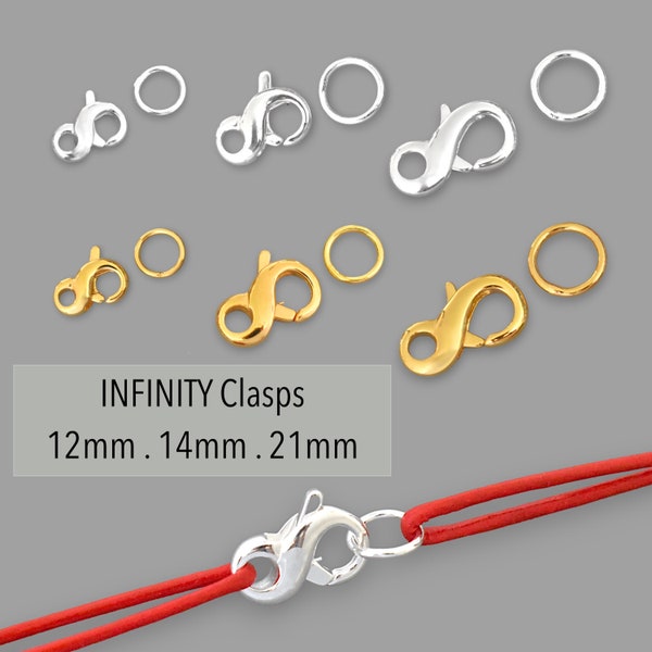 INFINITY Lobster CLASPS w/ Round Soldered Jump Rings - 12mm 14mm 21mm Silver or Gold Plated Brass Small Medium Large Clasp Lobsters Parrot