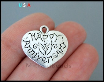 5 Happy ANNIVERSARY Heart Charms - 20mm Silver Heart Engraved Stamped Message Word Metal Heart Pendant - Instant Ship - USA DIY - 6361