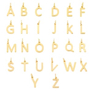 May include: A collection of twenty-six gold-colored metal letter charms, each featuring a small jump ring at the top for attachment. The set includes every letter of the alphabet from A to Z, displayed in a clean, sans-serif font style.