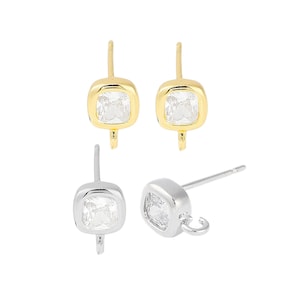 Mini CZ Square Post Earring Findings Platinum 18K Gold Brass Cubic Zirconia Studs Loop