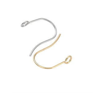 May include: Two earring hooks, one silver-colored and one gold-colored, are displayed against a white background. The hooks are curved, with a loop at the top for attachment to the ear and a curved bottom.