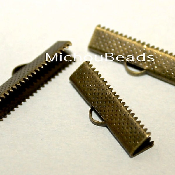 100 ANTIQUED Bronze Gold 25x6mm Ribbon Cord CRIMP End Clamps - 25mm Textured Press Pinch Bail Crimp for Cord n Leather - Nickel Free - 5098