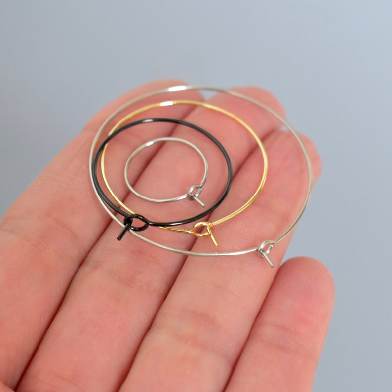 18K gold and black Round 316 stainless steel hoop ear wire earrings or wine glass charms -- 15mm 20mm 25mm 30mm 35mm 40mm by MichouBeads