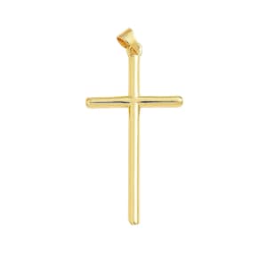 May include: A gold-colored pendant in the shape of a cross. The cross has a simple, elegant design with a loop at the top for a chain. The pendant is likely made of gold or a gold-colored metal.