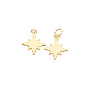 May include: Two gold-toned star charms with a loop at the top for attaching to jewelry. The stars have eight points and a smooth, polished finish.