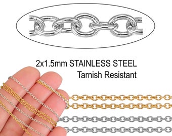 2x1.5mm 304 STAINLESS Steel Chain 18K Gold Cable Oval Soldered Links 2mm Tiny Small Strong Tarnish Resistant Chain Charm Bracelet Necklaces