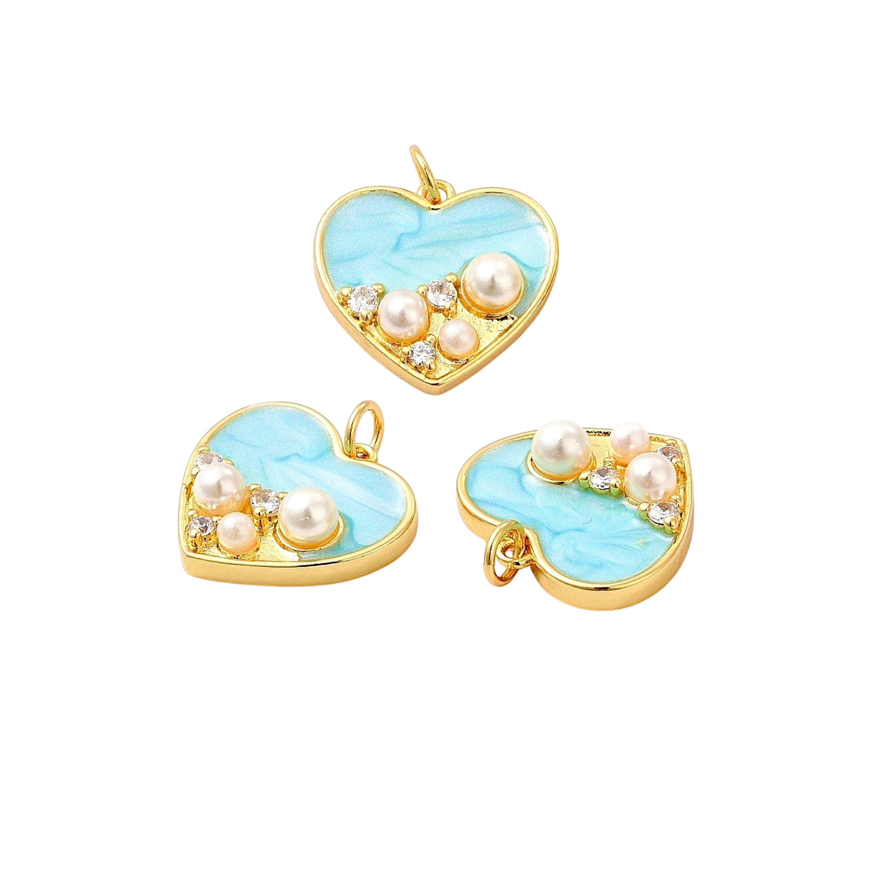 18K Gold Filled PEARL Heart Charm . 18mm Aqua Turquoise Blue Enamel Cubic Zirconia Heart Jump Ring DIY Add On Pendant Beach Jewelry Making