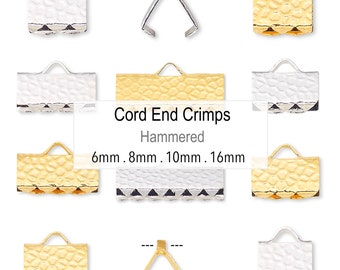 10 HAMMERED Rectangle Ribbon CRIMP Ends - Textured Silver Gold Plated Brass Pinch Cord Clamp Crimps for Ribbons Leather Suede - Mix Sizes