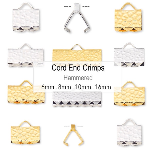 10 HAMMERED Rectangle Ribbon CRIMP Ends - Textured Silver Gold Plated Brass Pinch Cord Clamp Crimps for Ribbons Leather Suede - Mix Sizes