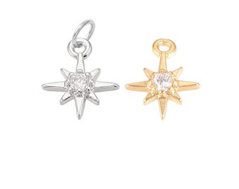 2x Tiny North STAR Charms 18K Gold Filled or Platinum Charm Pendants - CZ Micro Pave Cubic Zirconia Optional Jump Rings DIY Jewelry Making