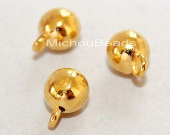 25 Round 6mm Bright GOLD Bead Ball Button Charm DANGLE - 8x6mm w/ Loop Tibetan Style Metal Boho Dangle Pendant Findings - USA - 5691