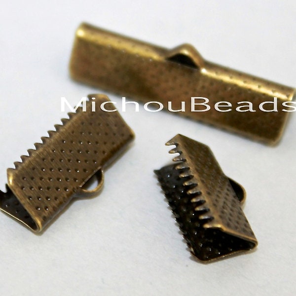 26 ANTIQUED Bronze Gold 10x6mm Ribbon Cord CRIMP End Clamp - 10mm Rectangle Textured Press Pinch Bail Crimp Cord and Leather - USA - 5789