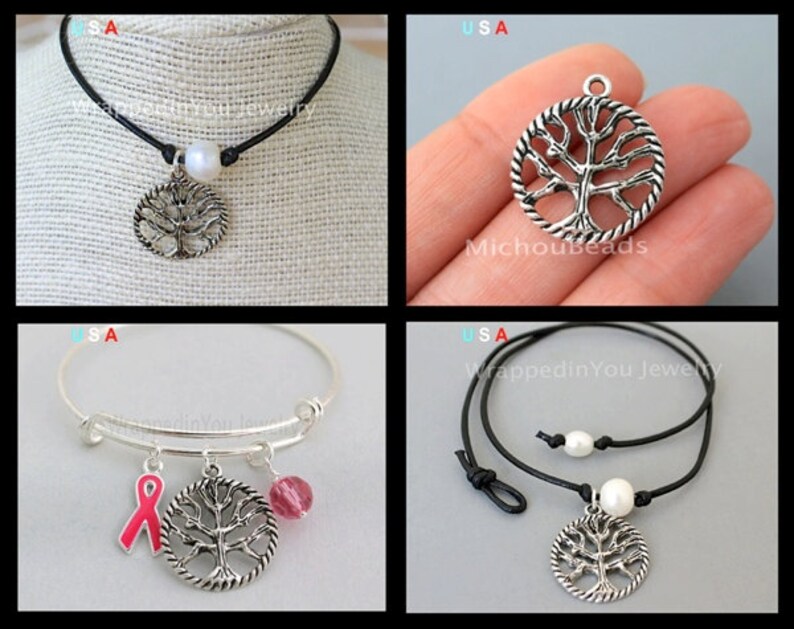 BULK 100 Bronze TREE of Life Circle Charms 25mm Antiqued Bronze Round Textured Tree of Life Connector Link Pendant Instant Ship USA 6490