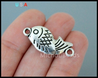 5 FISH Connector Link Charms - 28mm Silver Fish Marine Ocean Sea Beach Link Charms - Instant Shipping - USA Discount DIY Charms - 6320