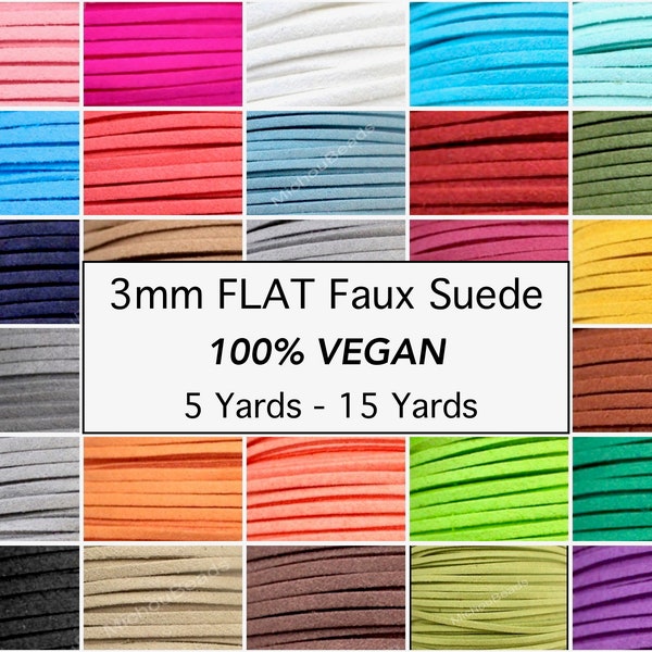 3mm FLAT Faux Suede Cord - VEGAN 3x1.5mm Flat micro Fiber Faux Suede Leather Ribbon Jewelry Cord - Pick COLOR - Usa Instant Ship