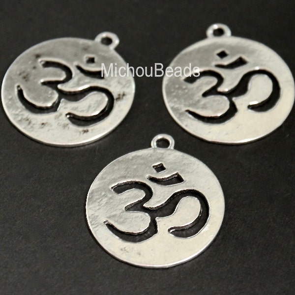 1 Antiqued SILVER 23mm Round Flat OM Symbol Charm - 23mm Ohm Yoga Meditation Buddhist Symbol Charm Pendant - Nickel Free - USA - 5583