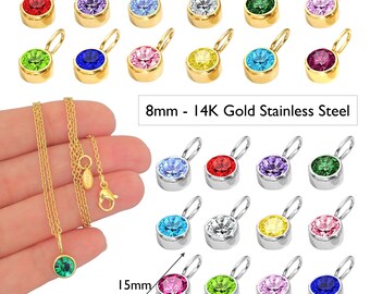 8mm BIRTHSTONE Charms • 14K Gold Stainless Steel Round Cz Rhinestone Crystal Charm Pendants • Add On DIY Chain Necklace Bracelets Earrings