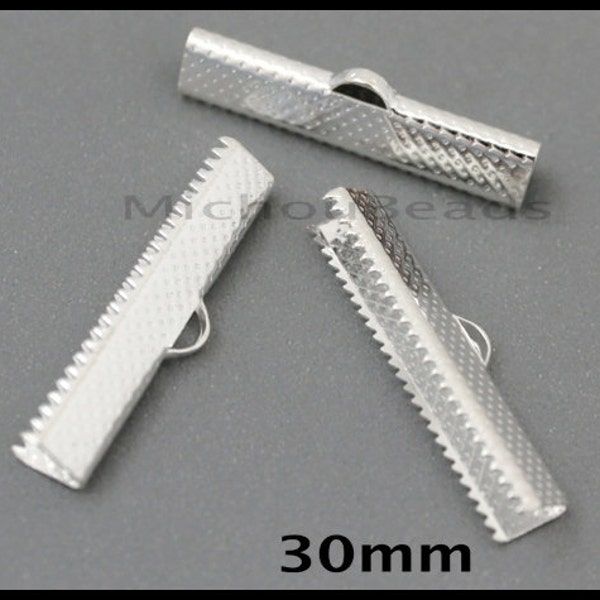 6 Textured 30mm Bright SILVER Iron Ribbon End CRIMPS - 30x6mm Rectangle Clamp Crimps Leather and Cord - Usa Discount Crimp Beads - 6567