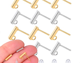 8 Pcs Mini 10mm 18K Gold Tarnish Resistant Stainless Steel Rectangle Bar Stud EAR WIRE Earring Post Findings  w/ Loop . Includes Ear NUTS