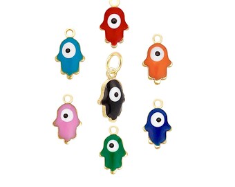 Tiny 18K Gold Filled HAMSA Evil Eye Charm . 10mm ENAMEL Hamsa Hand with Eye Mini Charms Pendants Optional 5mm Jump Ring . DIY Jewelry Making