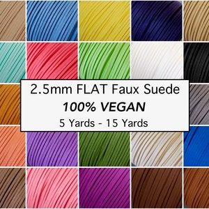 May include: A variety of colors of 2.5mm flat faux suede cord, 100% vegan, in 5-15 yard lengths.  The cord is arranged in a grid of 20 squares.
