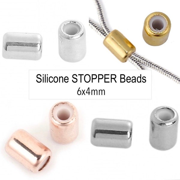 6mm Rubber STOPPER Beads - SILICONE inside Slider Tube Spacer Bead 1.4 1.9mm Hole - Silver Rose Gold Platinum for Snake Chain Leather Cords