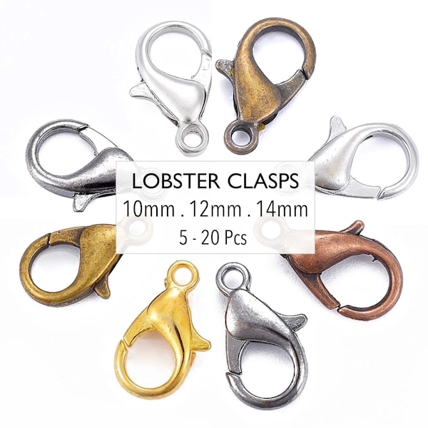 LOBSTER Claw Clasps . 10mm 12mm 14mm . Gold Silver Gunmetal Antique Bronze Copper Plated Alloy Parrot Trigger Clasp . Lead and Nickel Safe