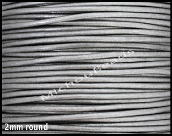 5 Yards 2mm Round LEATHER Cord - Metallic SILVER 15 Feet Genuine Natural Lead free dye Indian Boho Wholesale Leather Cording By Yard USA