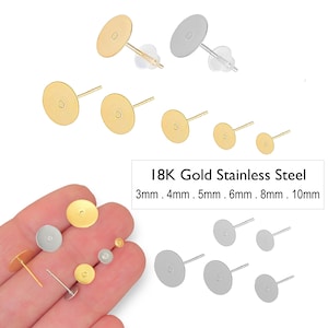 30 Flat Pad Stud Post 18k Gold 304 316 Stainless Steel Earrings - Glue On Cabochon Setting Tray 3mm 4mm 5mm 6mm 8mm 10mm Flat pad Earring
