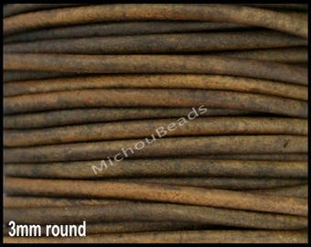 5 Yards 3mm Round LEATHER Cord - DISTRESSED Dark MOSS 15 Feet Genuine Natural Indian Leather Cording - Wholesale DIy Leather By the Yard