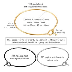 hoop ear wire earrings or wine glass charms - Real 18K gold plated black 316 surgical stainless steel wire  in sizes 15mm 20mm 25mm 30mm 35mm 40mm by MichouBeads