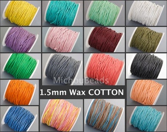 1.5mm Wax COTTON Cord by the Yard - Polished Strong Lightly Waxed Cotton Shamballa Macrame Braiding Beading Wrap Bracelet - Pick your COLOR