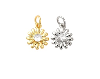 Mini FLOWER Charm 18K Gold Filled or Platinum Micro Pave Cubic Zirconia . 11mm Daisy Floral Pendant Charms Jump Ring for DIY Jewelry Making