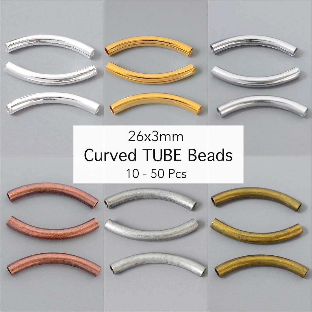 26mm Tube Beads Large Hole 26x3mm Mini Curved Metal Tube Bead Silver