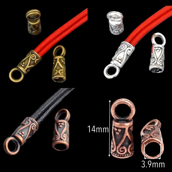 14mm CORD End GLUE in CAPS - Large 3.9mm Hole Tibetan Style 14x5mm Antique Silver Copper Bronze Glue in Cord End Crimp Tips w/ Loop