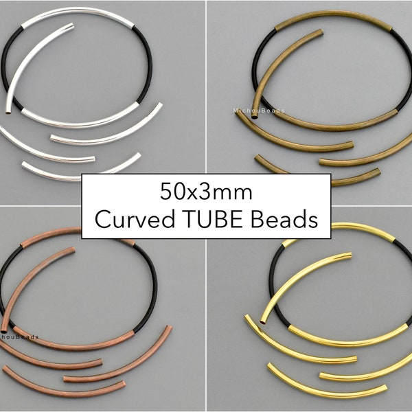 50mm CURVED Tube Beads . ELECTROPLATED Curved Elbow NoodleTubes Beads . 50x3mm SOFT Curve 2.5mm Large Hole . Silver Gold Copper Bronze