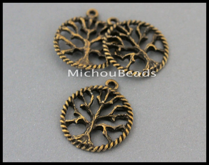 BULK 100 Bronze TREE of Life Circle Charms 25mm Antiqued Bronze Round Textured Tree of Life Connector Link Pendant Instant Ship USA 6490