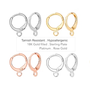 15mm HUGGIE Leverback Hoop Earrings: 18K Gold Rose Platinum Sterling Silver Plated with Loop