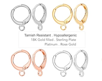 15mm HUGGIE Leverback Hoop Earrings 18K Gold Rose Platinum Sterling Silver Plated with Loop