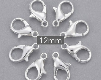 25 SILVER 12mm Lobster Clasps - 12X6.5mm Silver Plated Alloy Metal Lobster Claw Clasp - USA Wholesale Clasp - Lead Nickel Safe - 5886 / 236