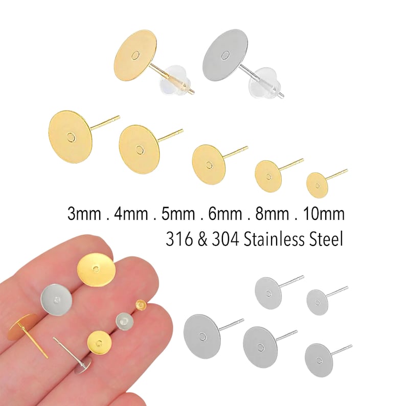 Blank round flat pads earring post studs ear wire . Glue in cabochon setting flat pad tray in mixed several sizes . add silicone rubber back ear nuts . hypoallergenic tarnish resistant 316 surgical stainless steel and 18K gold plated 304 stainless