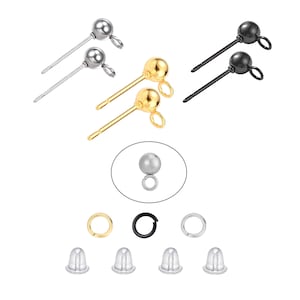 May include: A set of earring findings in gold, silver, and black. The set includes 6 pairs of earring posts with ball tops, 3 pairs of earring backs, and 3 jump rings.