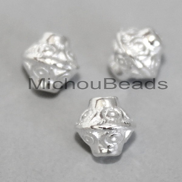5 Bright SILVER 7mm BICONE Beads - 7x6.5mm Tibetan Double Cone w/ 1.3mm Hole Nickel Free Metal Boho Tribal  Spacer Beads - USA - 5840